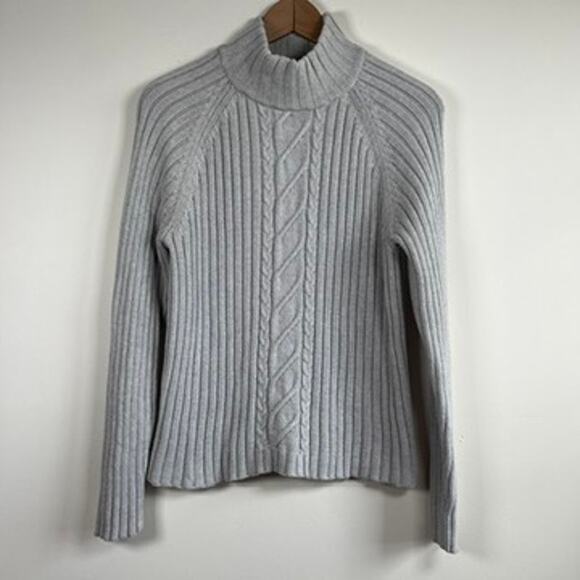 Crystal Kobe Light Gray Ribbed Cable Knit Mock Neck Cotton Sweater Women Size M - Picture 1 of 9